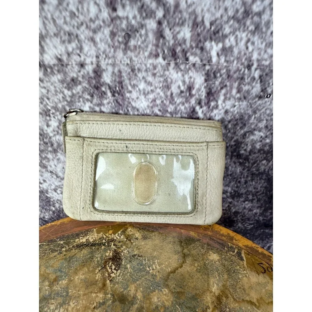 Leather Wallet Cream Floral‎ Embroidered Zip Small Keychain Boho Card Case